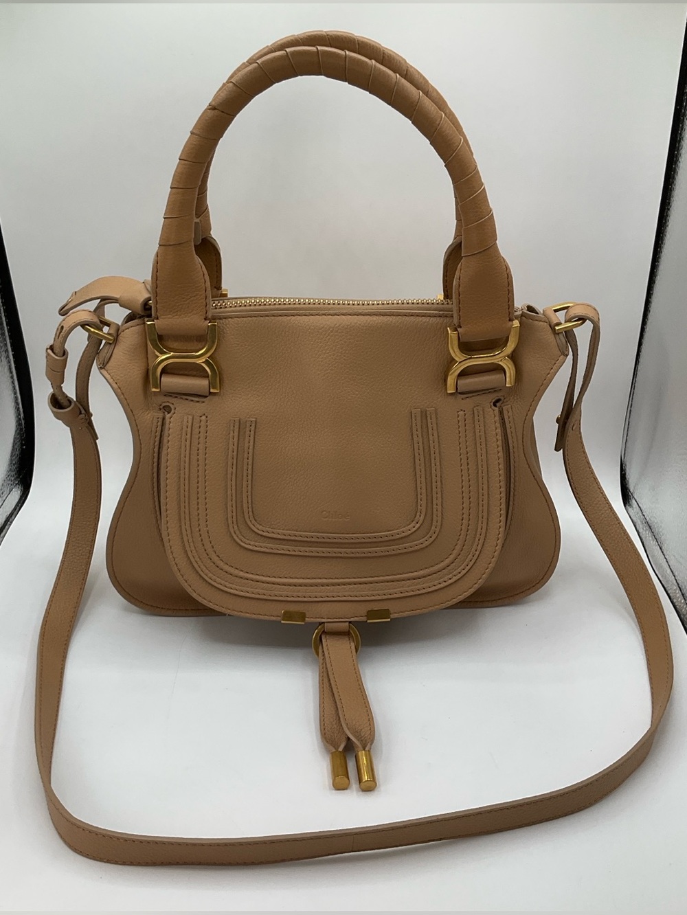 Chloe Marcie Light Tan Satchel Bag In Grained Leather Purse